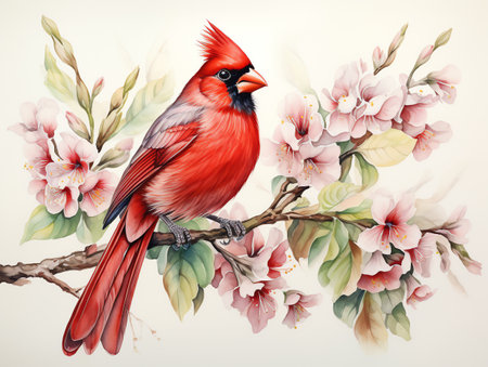 cardinal bird on the flower stalk watercolor painting for wall art background wallpaperの素材