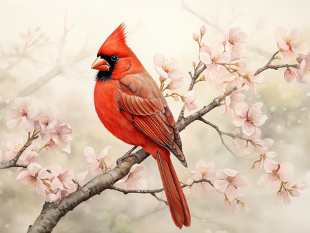 cardinal bird on the flower stalk watercolor painting for wall art background wallpaperの素材