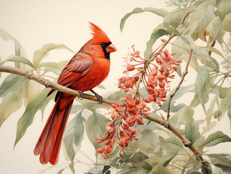cardinal bird on the flower stalk watercolor painting for wall art background wallpaperの素材