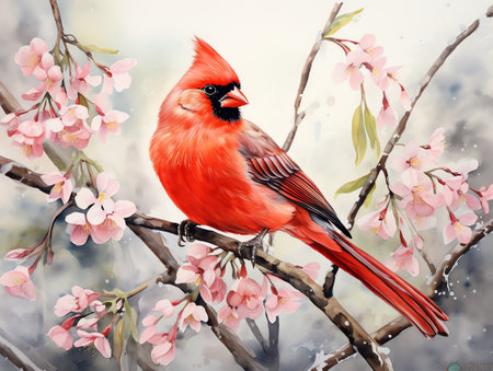cardinal bird on the flower stalk watercolor painting for wall art background wallpaperの素材