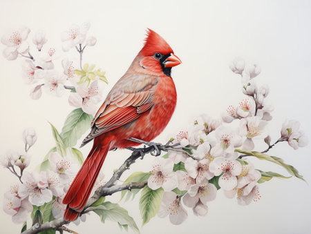 cardinal bird on the flower stalk watercolor painting for wall art background wallpaperの素材