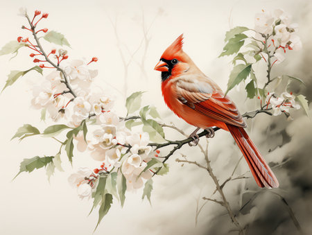 cardinal bird on the flower stalk watercolor painting for wall art background wallpaperの素材