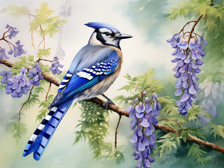 Blue jay bird on flower stalk watercolor painting for wall art background wallpaperの素材