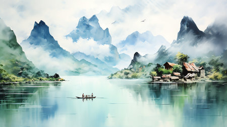 lake river mountain landscape with animals wild life watercolor painting for wall art background wallpaperの素材