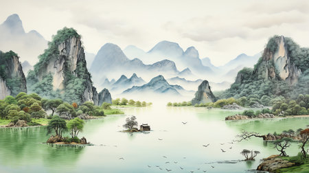 lake river mountain landscape with animals wild life watercolor painting for wall art background wallpaperの素材