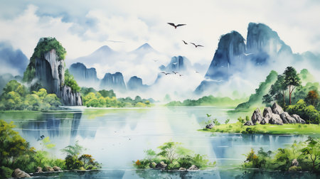 lake river mountain landscape with animals wild life watercolor painting for wall art background wallpaperの素材