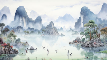 lake river mountain landscape with animals wild life watercolor painting for wall art background wallpaperの素材
