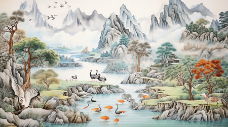 lake river mountain landscape with animals wild life watercolor painting for wall art background wallpaperの素材