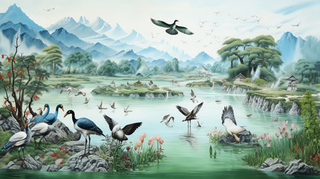 lake river mountain landscape with animals wild life watercolor painting for wall art background wallpaperの素材
