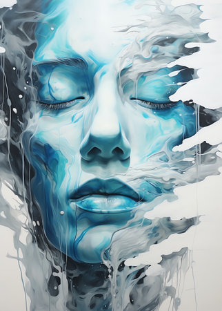 painting of a woman's face with eyes closed covered in blue liquidの素材