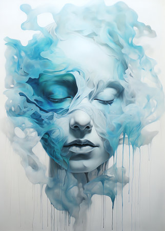 painting of a woman's face with eyes closed covered in blue liquidの素材