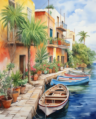 watercolor painting of boats docked in a harbor next to a village buildingの素材