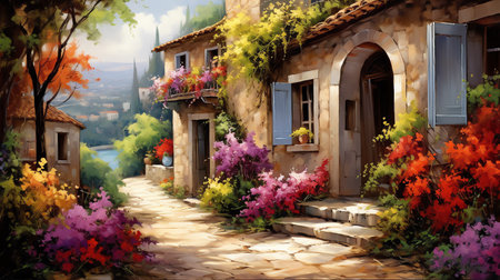painting of a flower shop grocery with lots of flowers on the streetの素材