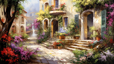 painting of a flower shop grocery with lots of flowers on the streetの素材