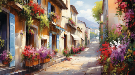 painting of a flower shop grocery with lots of flowers on the streetの素材
