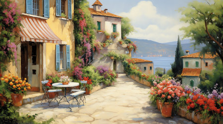 painting of a flower shop grocery with lots of flowers on the streetの素材