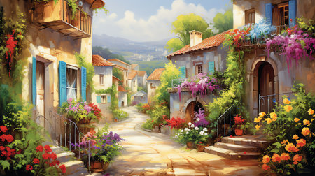 painting of a flower shop grocery with lots of flowers on the streetの素材