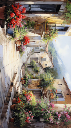 painting of a flower shop grocery with lots of flowers on the streetの素材