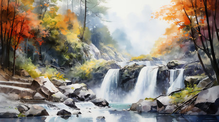 waterfall in the forest watercolor painting for wall art background wallpaperの素材