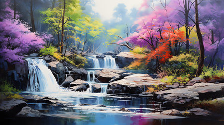 waterfall in the forest watercolor painting for wall art background wallpaperの素材