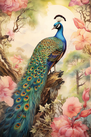peacock in the tropical forest watercolor vintage painting for wall art background wallpaperの素材