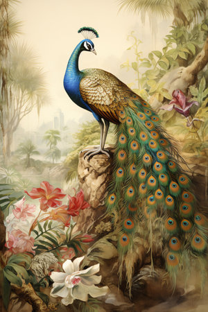 peacock in the tropical forest watercolor vintage painting for wall art background wallpaperの素材