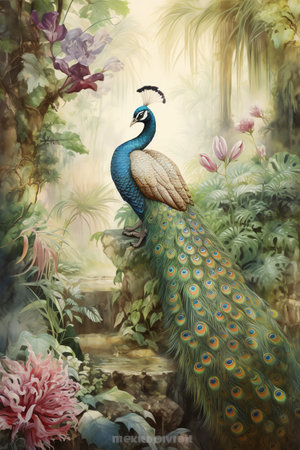 peacock in the tropical forest watercolor vintage painting for wall art background wallpaperの素材