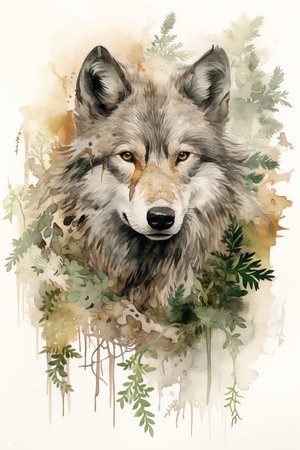 wolf in the forest watercolor vintage painting for wall art background wallpaperの素材