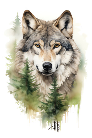 wolf in the forest watercolor vintage painting for wall art background wallpaperの素材