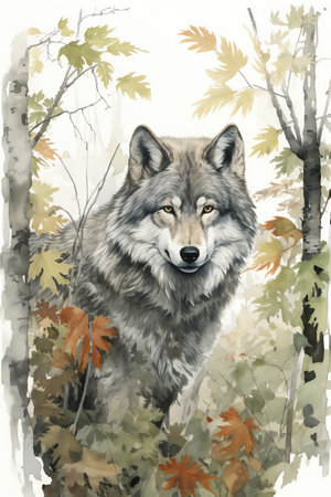 wolf in the forest watercolor vintage painting for wall art background wallpaperの素材
