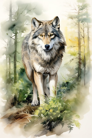 wolf in the forest watercolor vintage painting for wall art background wallpaperの素材