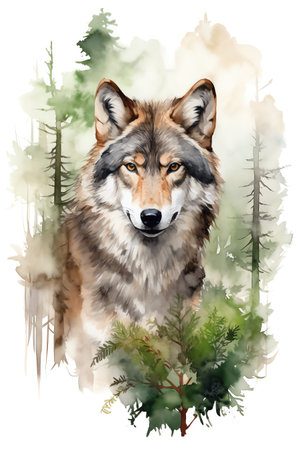 wolf in the forest watercolor vintage painting for wall art background wallpaperの素材