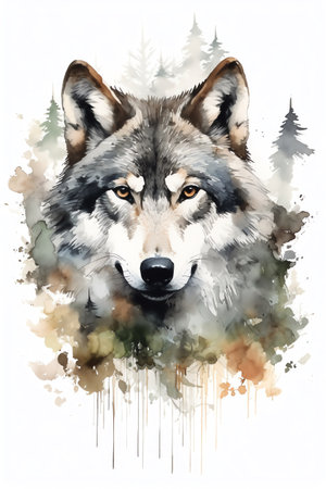 wolf in the forest watercolor vintage painting for wall art background wallpaperの素材