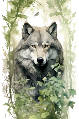 wolf in the forest watercolor vintage painting for wall art background wallpaperの素材