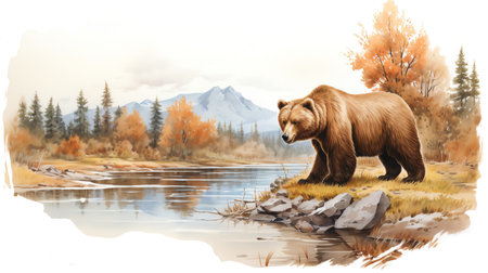a bear on the riverside watercolor vintage painting for wall art background wallpaperの素材