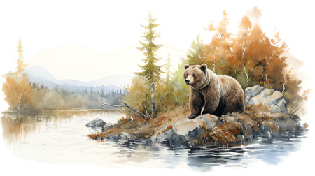 a bear on the riverside watercolor vintage painting for wall art background wallpaperの素材