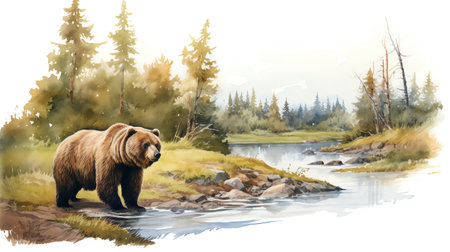 a bear on the riverside watercolor vintage painting for wall art background wallpaperの素材
