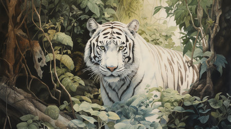 white tiger in the woods watercolor vintage painting for wall art background wallpaperの素材