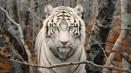 white tiger in the woods watercolor vintage painting for wall art background wallpaperの素材