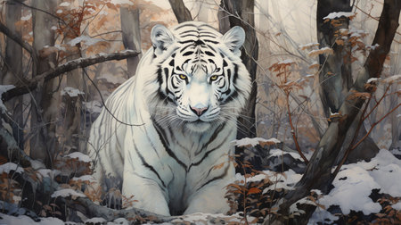 white tiger in the woods watercolor vintage painting for wall art background wallpaperの素材