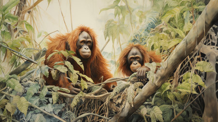 orangutan in the woods forest jungle watercolor vintage painting for wall art background wallpaperの素材