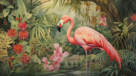 flamingo in the forest with flowers and leaves watercolor vintage paintingの素材