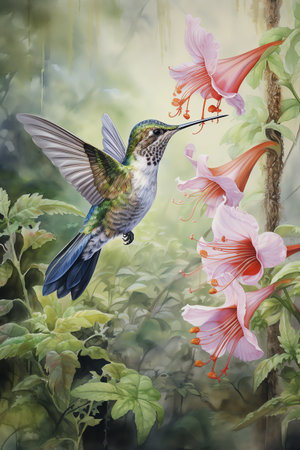 hummingbird in the forest with flowers and leaves watercolor vintage paintingの素材