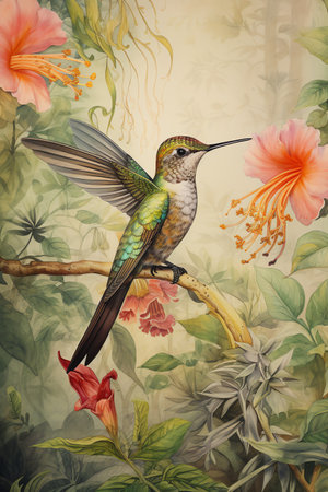 hummingbird in the forest with flowers and leaves watercolor vintage paintingの素材