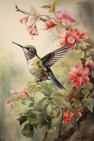 hummingbird in the forest with flowers and leaves watercolor vintage paintingの素材