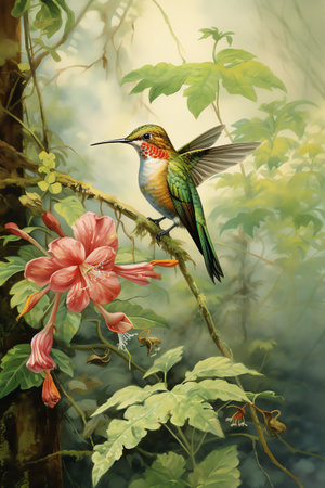 hummingbird in the forest with flowers and leaves watercolor vintage paintingの素材