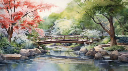 watercolor painting of Japanese garden with pond bridge and traditional templeの素材
