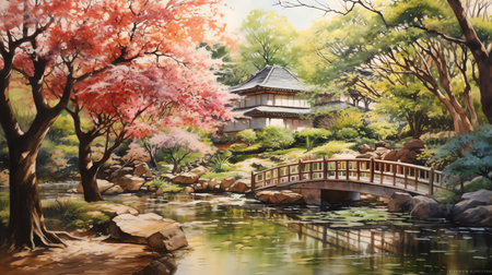 watercolor painting of Japanese garden with pond bridge and traditional templeの素材