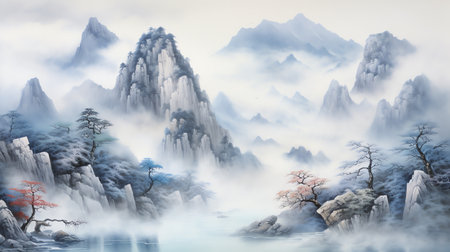 Misty river and mountain landscape watercolor chinese paintingの素材