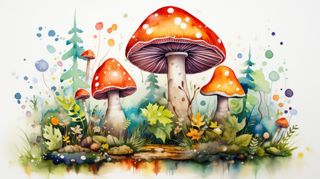whimsical forest mushrooms watercolor painting illustrationsの素材
